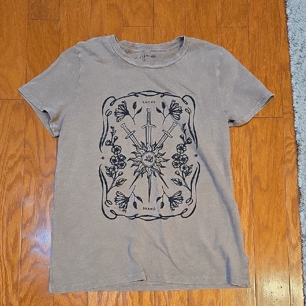 Lucky Brand Stone Graphic Tee Size Small | Sword Floral Design | NWT | Casual St